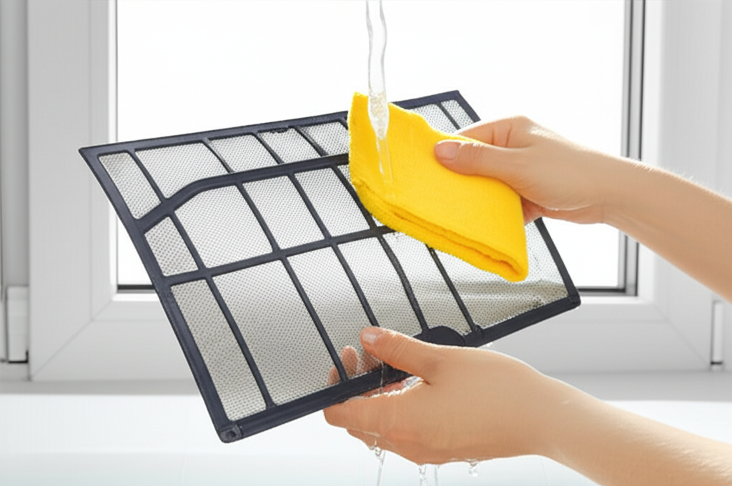 Generate a high-quality, relevant image prompt for an article about: How To Clean Window AC Filter: