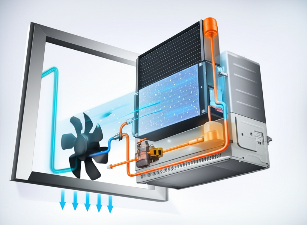 Generate a high-quality, relevant image prompt for an article about: How Window AC Works: Amazing Co