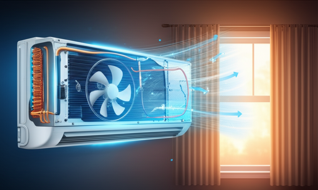Generate a high-quality, relevant image prompt for an article about: How Window AC Works: Amazing Co