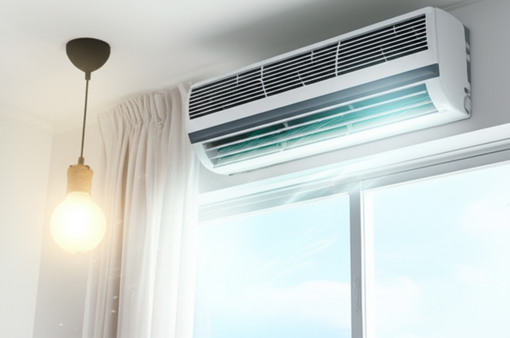 Generate a high-quality, relevant image prompt for an article about: Window AC Energy Saving Tips: A