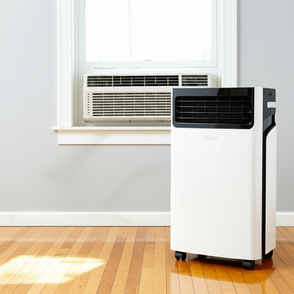 Generate a high-quality, relevant image prompt for an article about: Portable AC Vs Window AC Pros A