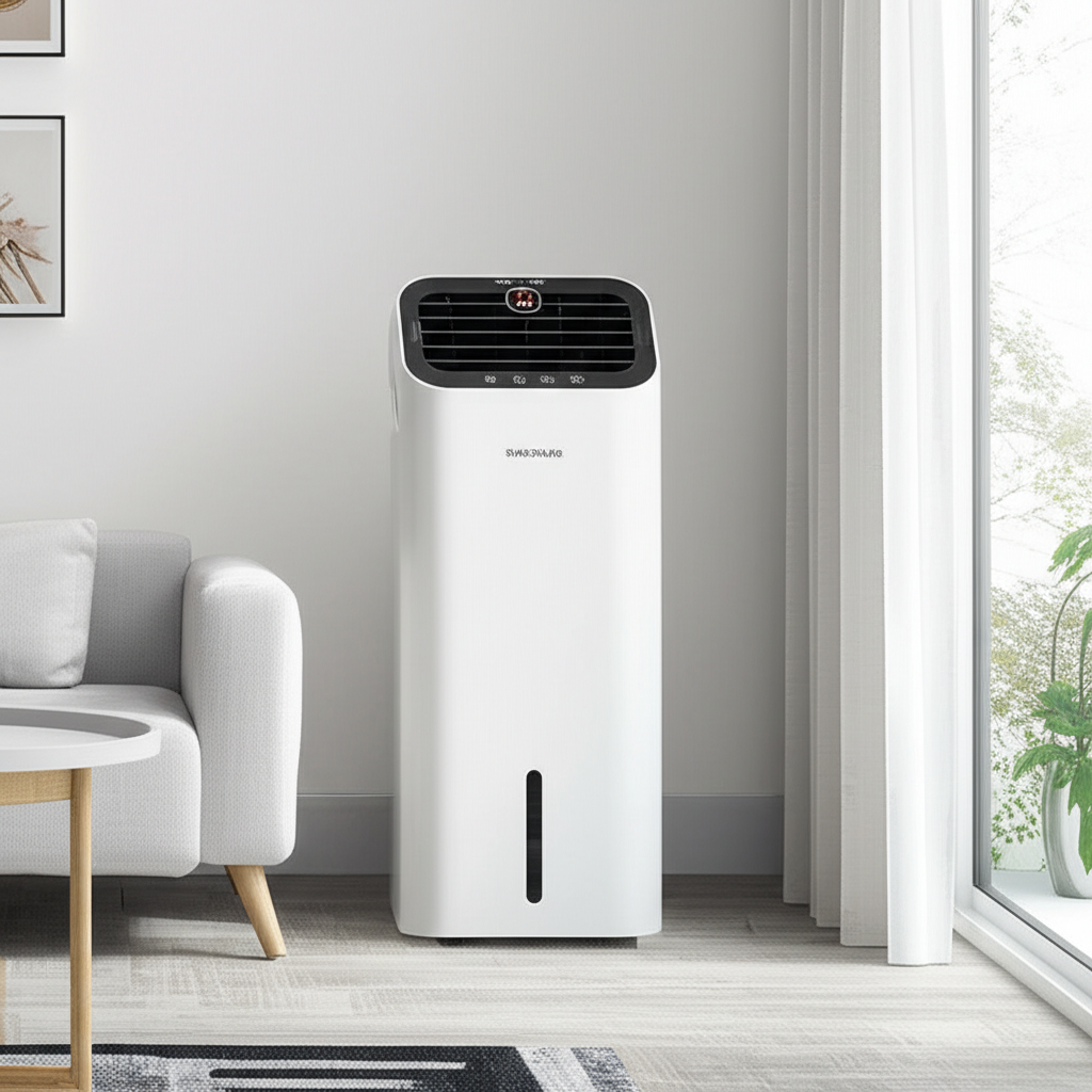 Generate a high-quality, relevant image prompt for an article about: Portable AC Vs Window AC Pros A