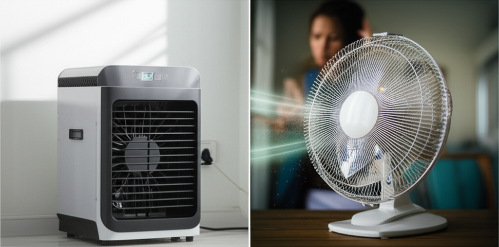 Generate a high-quality, relevant image prompt for an article about: Air Cooler Vs Desk Fan For Smal
