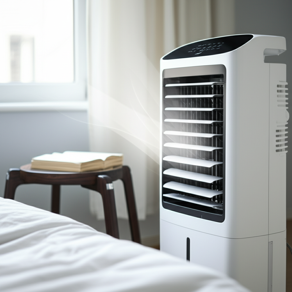 Generate a high-quality, relevant image prompt for an article about: How To Use Air Cooler In Bedroo