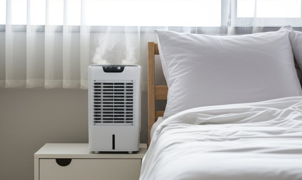 Generate a high-quality, relevant image prompt for an article about: How To Use Air Cooler In Bedroo