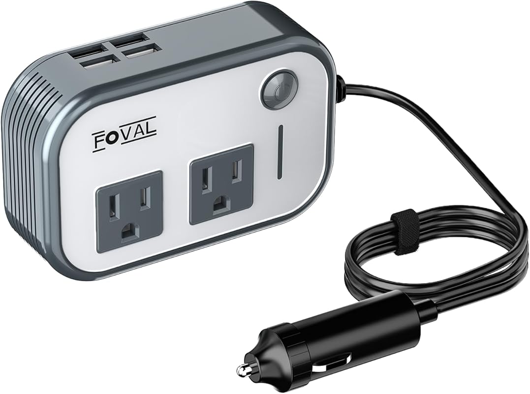 FOVAL 200W Car Power Inverter: 12V DC to 110V AC, 4 USB Ports (Gray).