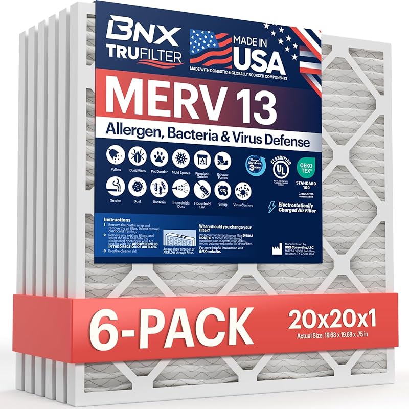 MERV 13 Air Filters (6-Pack) 20x20x1, for Allergies, Pollen, Mold, Smo