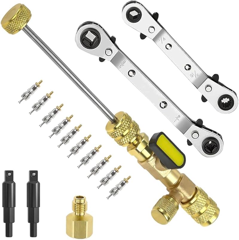 Valve Core Remover Installer Tool & HVAC Service Wrench Set with Hex B