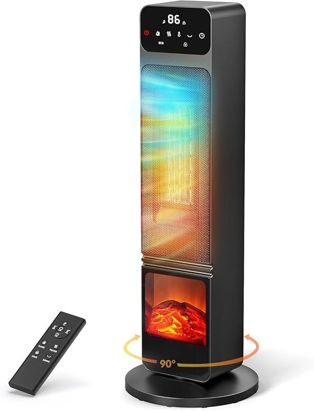 Tower Heater and Fan Combo with 3D Flame Effect, Remote, and 90° Oscil