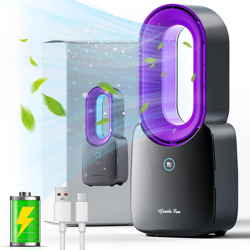 Misby Rechargeable Desk Fan, 5-color LED Light Bladeless Table Fan of 