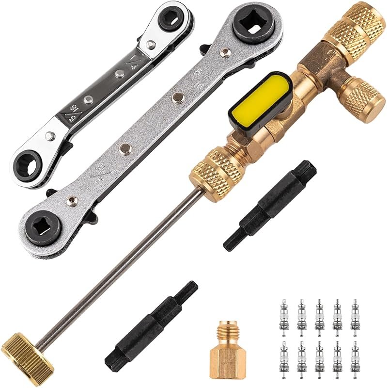 Valve Core Remover and HVAC Service Wrench Set with Hex Adapters for R