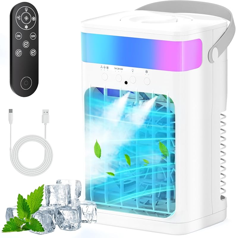 Fioge Portable Air Conditioner Fan with 3 Speeds, Night Light, and Rem