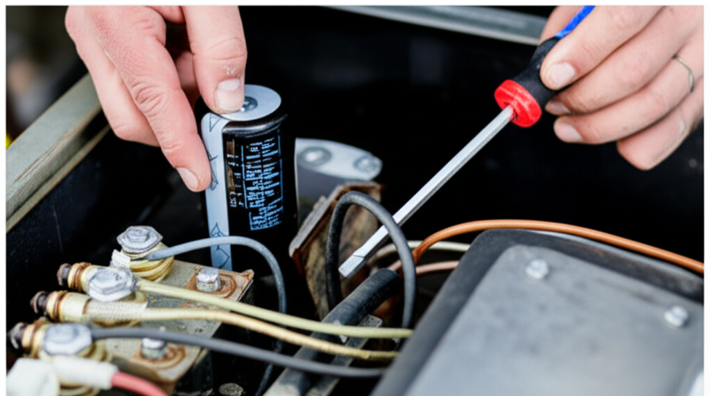 Generate a high-quality, relevant image prompt for an article about: AC Capacitor Replacement: Effor