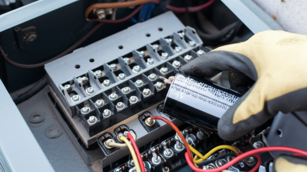 Generate a high-quality, relevant image prompt for an article about: AC Capacitor Replacement: Effor