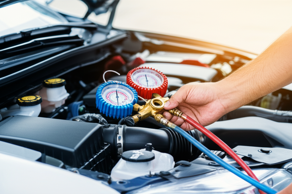 Generate a high-quality, relevant image prompt for an article about: Check AC Refrigerant Level: Eff