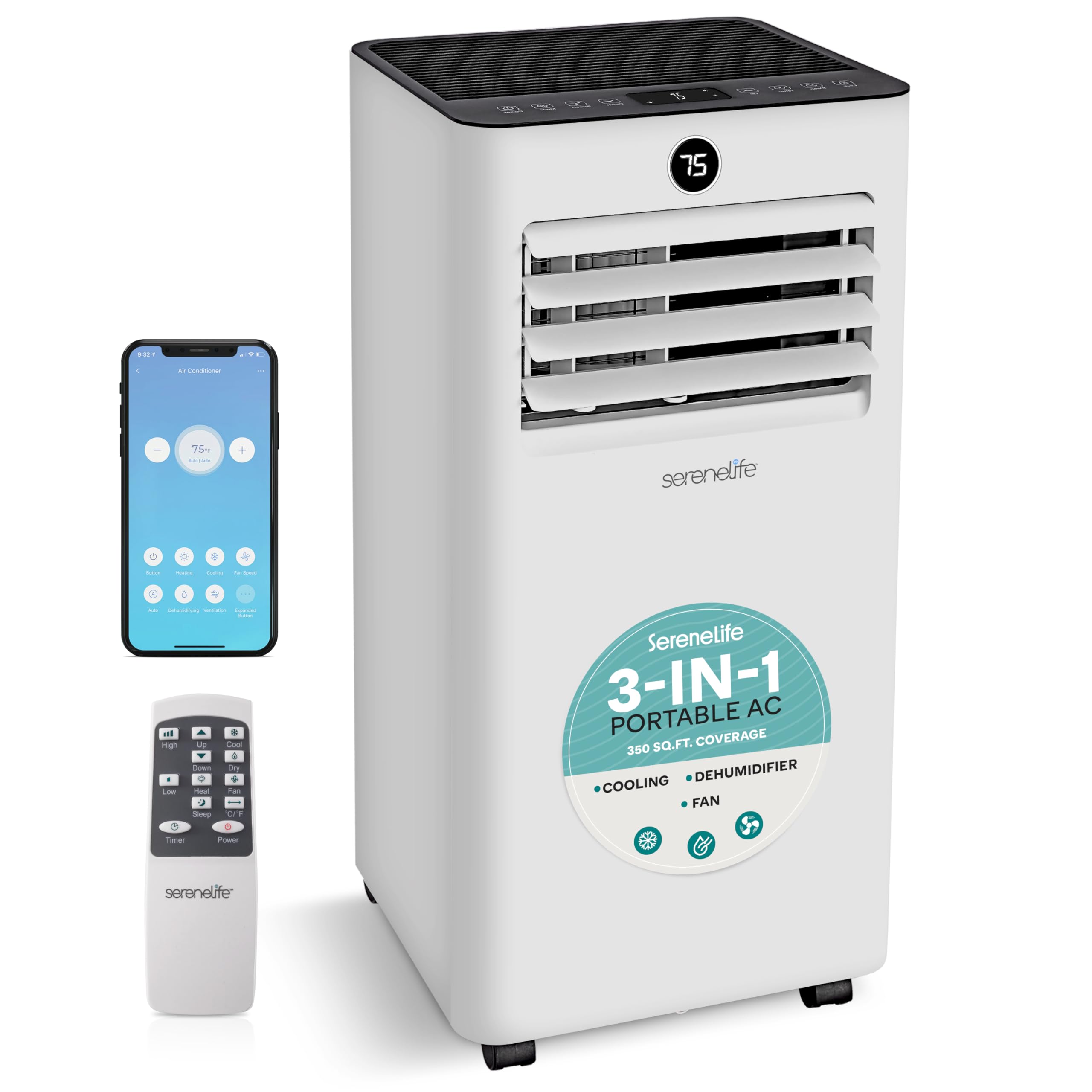 SereneLife 10,000 BTU Portable Air Conditioner, Small AC with Dehumidifier and F