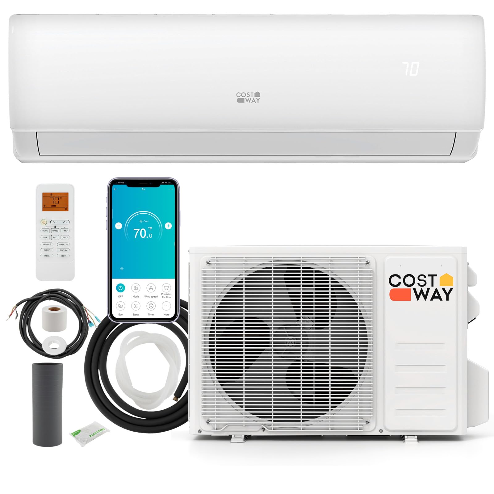 COSTWAY 11500 BTU Mini Split Air Conditioner, 115V 17 SEER2 Wifi Enabled Inverte