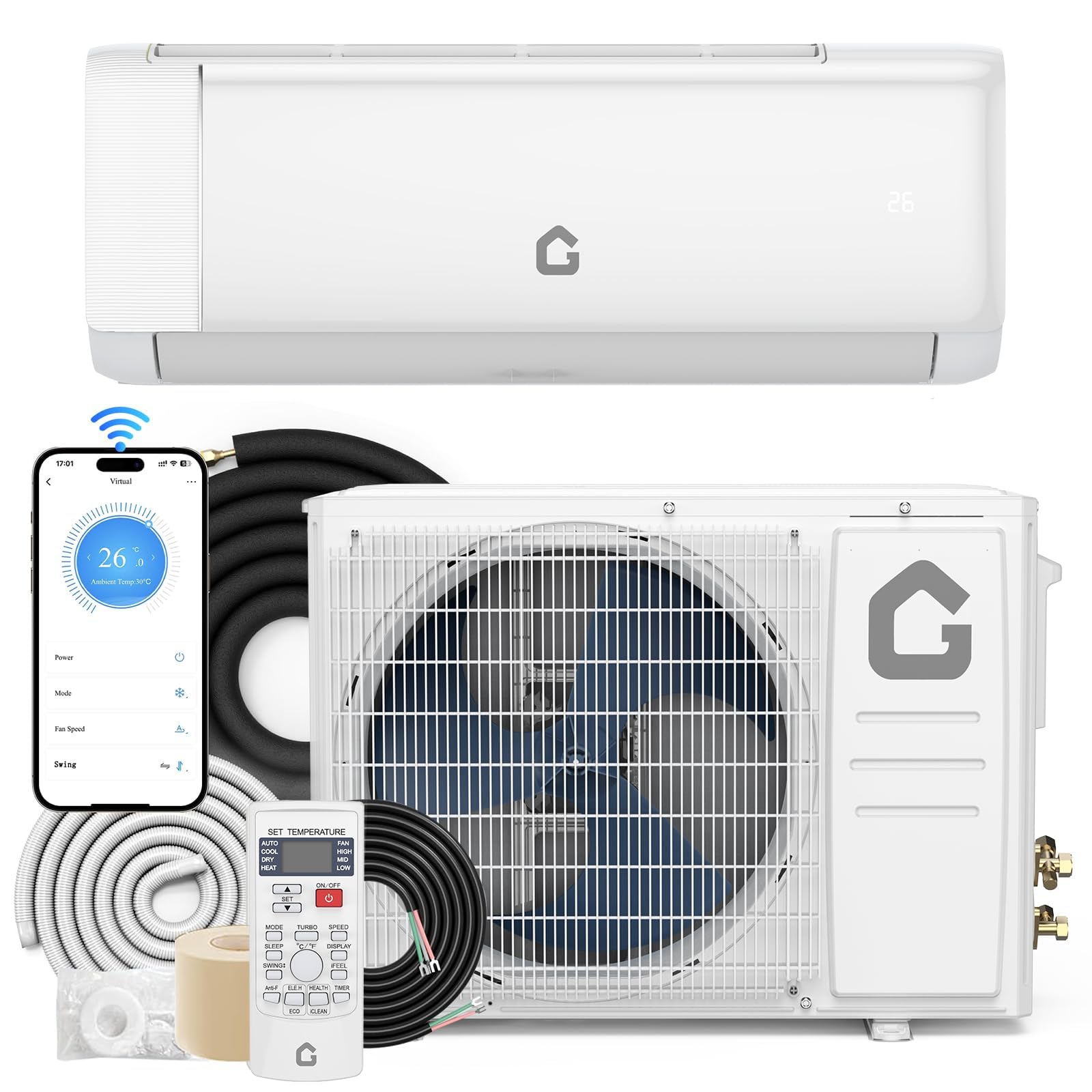 18000 BTU Mini Split Air Conditioner with Heat Pump System, Cools & Heats Up to 
