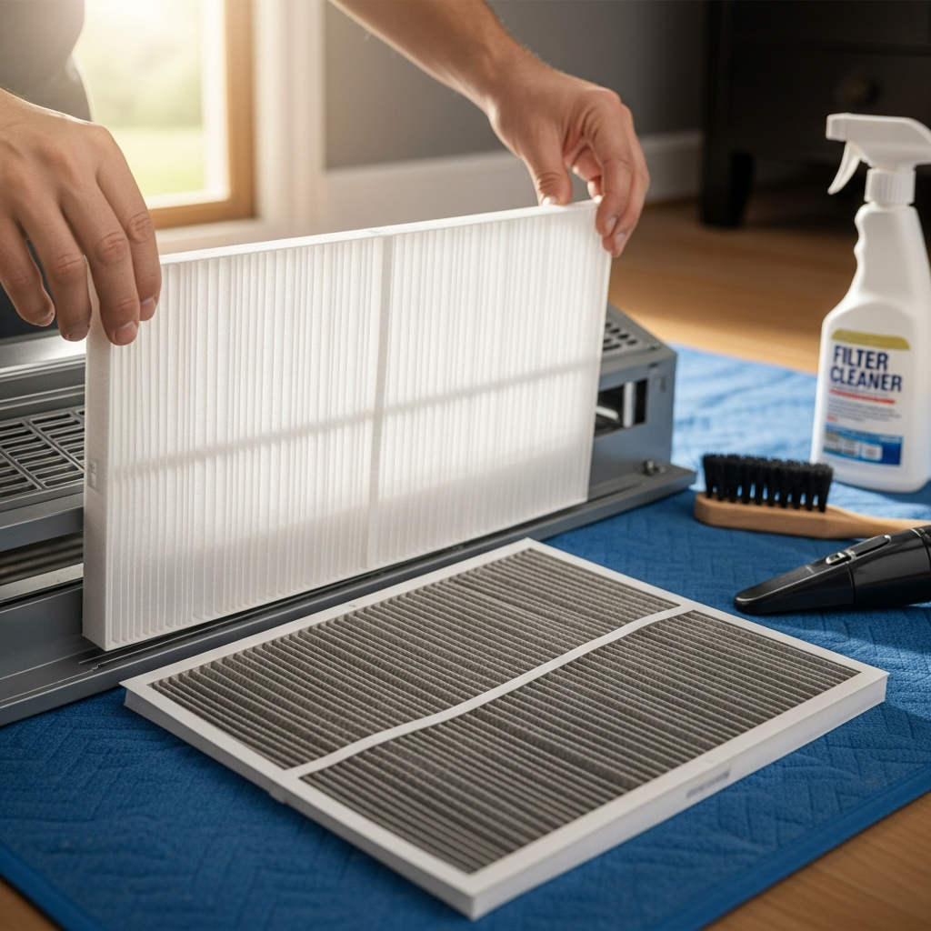 Generate a high-quality, relevant image prompt for an article about: Clean AC Filter: Easy & Effortl