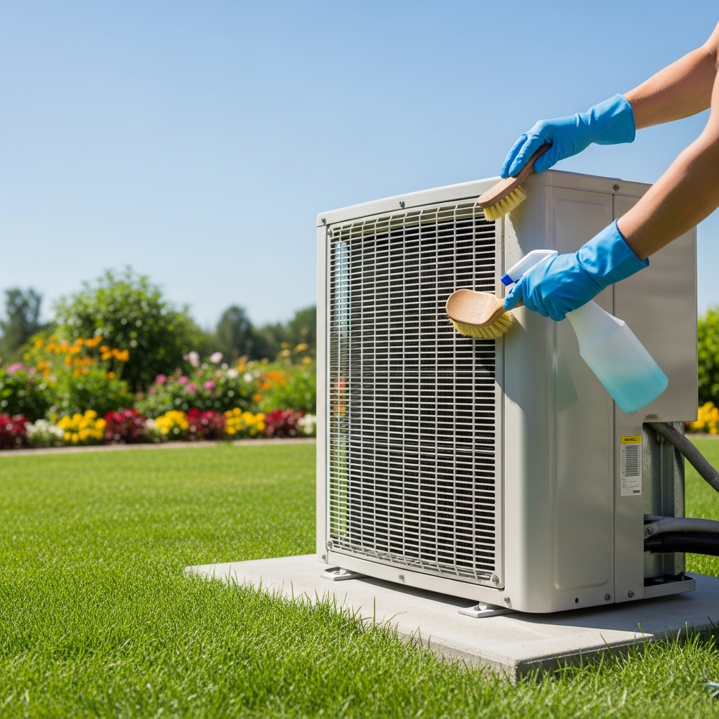 Generate a high-quality, relevant image prompt for an article about: Clean AC Outdoor Unit: Effortle