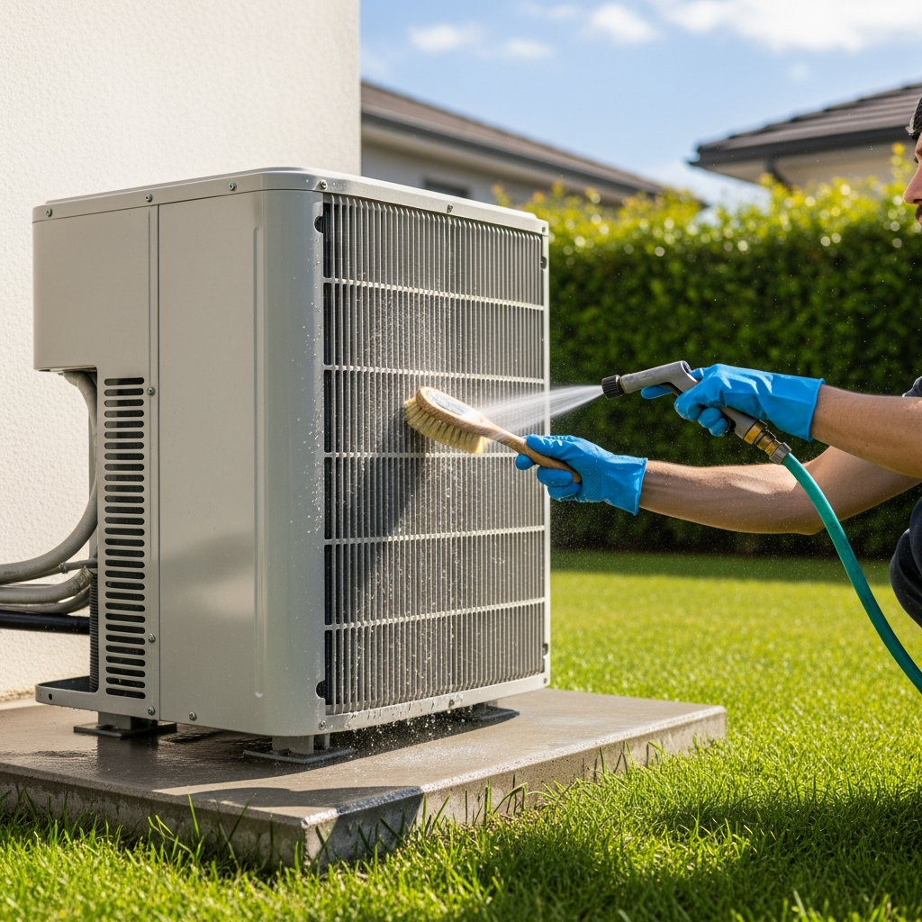 Generate a high-quality, relevant image prompt for an article about: Clean AC Outdoor Unit: Effortle