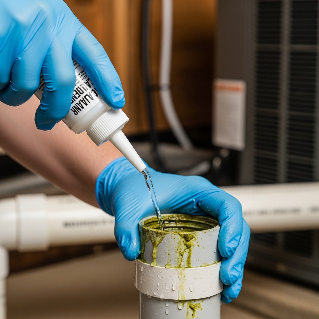 Generate a high-quality, relevant image prompt for an article about: Flush AC Drain Line: Easy Fix!