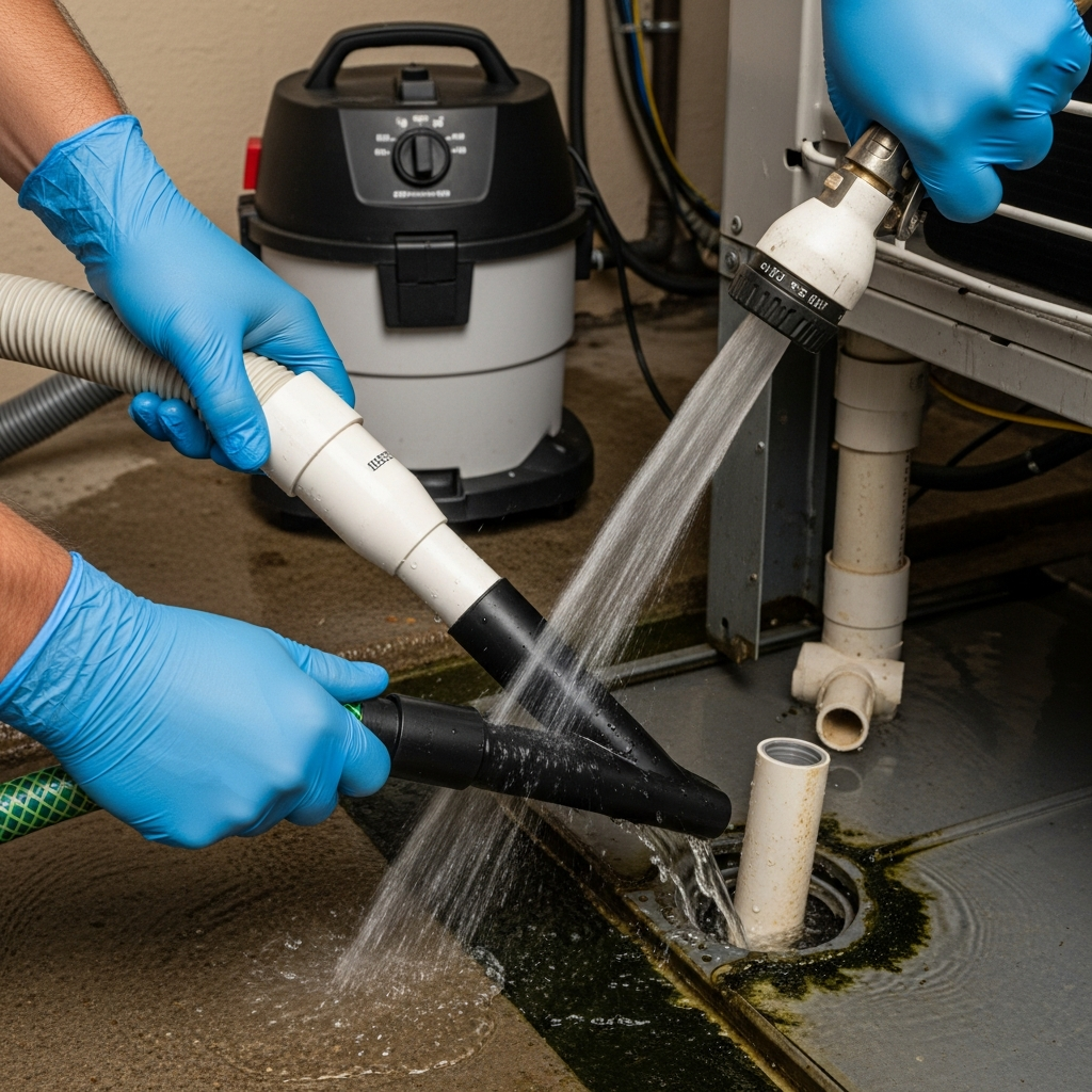 Generate a high-quality, relevant image prompt for an article about: Flush AC Drain Line: Easy Fix!