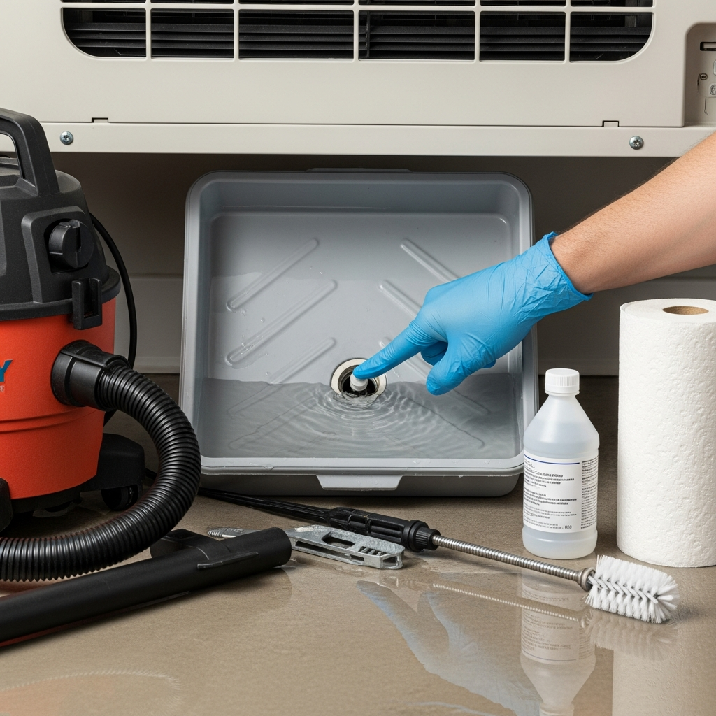 Generate a high-quality, relevant image prompt for an article about: Fix AC Drain Pan Overflow: Effo