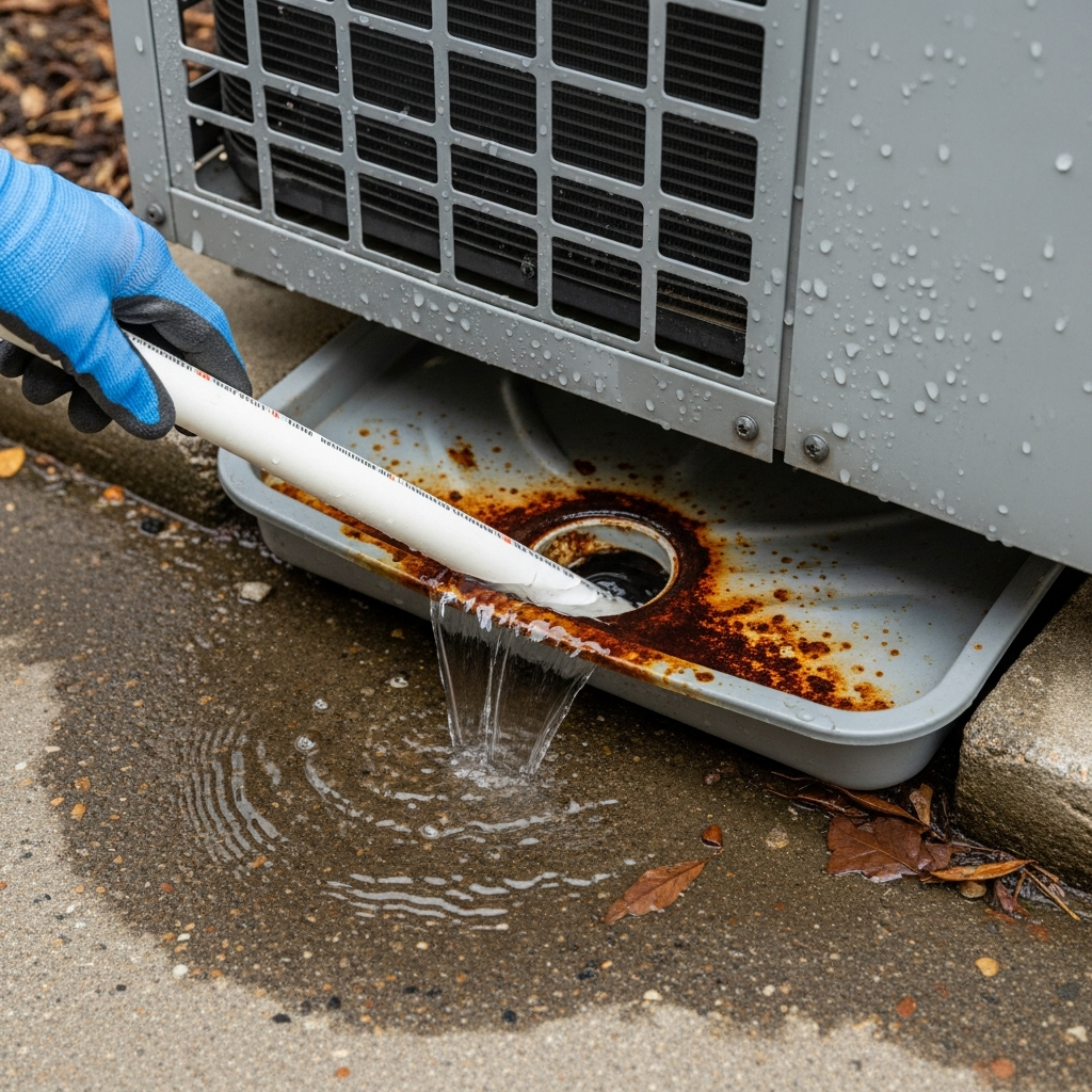 Generate a high-quality, relevant image prompt for an article about: Fix AC Drain Pan Overflow: Effo