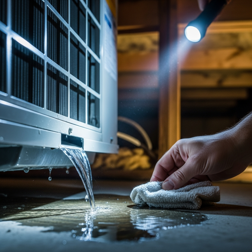 Generate a high-quality, relevant image prompt for an article about: Stop AC Drip: Easy Fixes for Yo