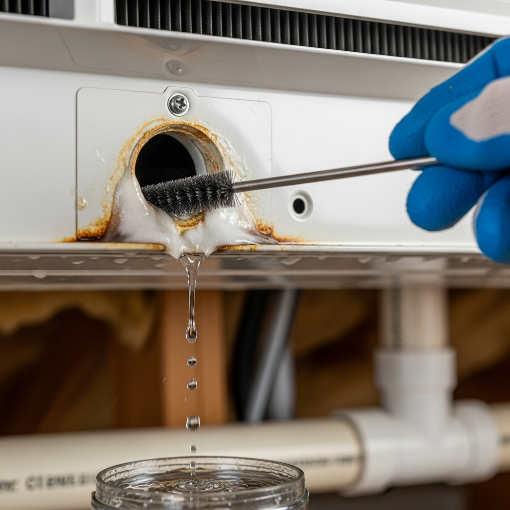 Generate a high-quality, relevant image prompt for an article about: Stop AC Drip: Easy Fixes for Yo