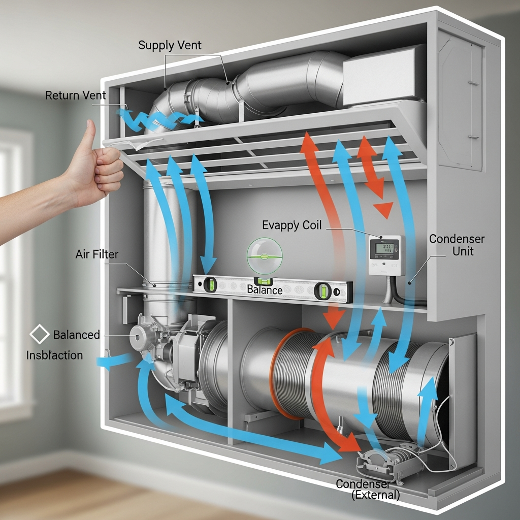 Generate a high-quality, relevant image prompt for an article about: Balance AC Airflow: Effortless