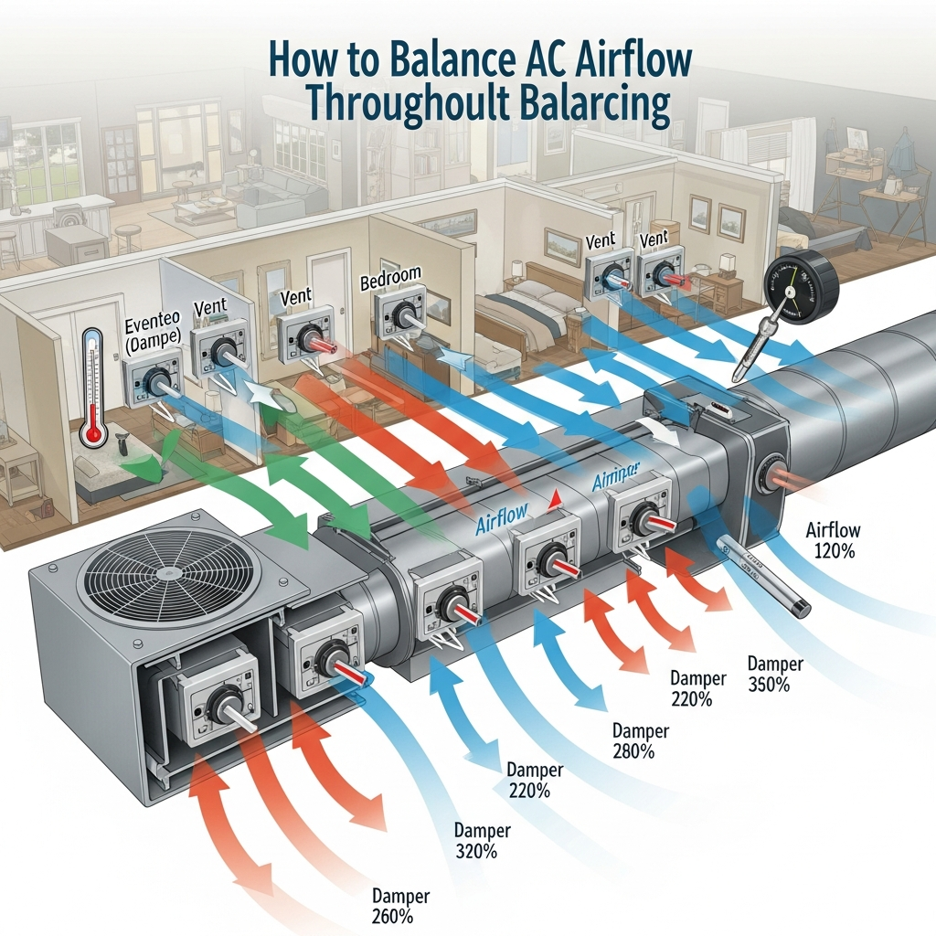 Generate a high-quality, relevant image prompt for an article about: Balance AC Airflow: Effortless
