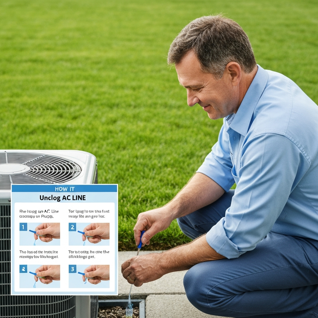 Generate a high-quality, relevant image prompt for an article about: Unclog AC Line: Effortless Fix