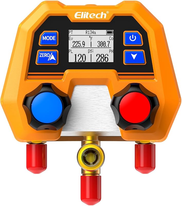 Elitech DMG-2SE Digital Manifold Gauge for HVAC & AC Systems: 3-Port, 
