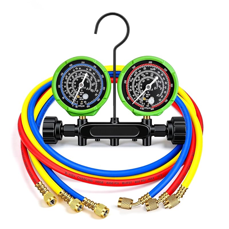HVAC Manifold Gauge Set: 5FT Hoses, A2L Compatible, R32/R410A/R22 Refr